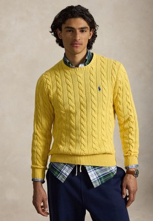 Jeune homme aux cheveux bouclés et foncés porte un pull en maille torsadée jaune par-dessus une chemise à carreaux verte et bleue, avec un pantalon bleu marine et une montre marron.