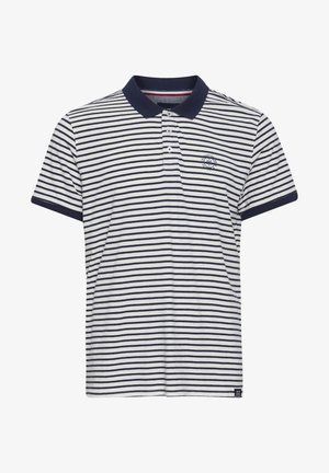 Korte ermet polo skjorte med marineblå og hvite horisontale striper, marineblå krage og en liten logo på venstre bryst.