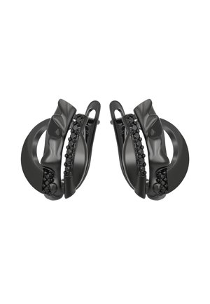 Černé náušnice s vlnitým designem a texturovaným povrchem, zvýrazněné řadou černých kamenů. Zaoblený tvar s bezpečnou sponou.