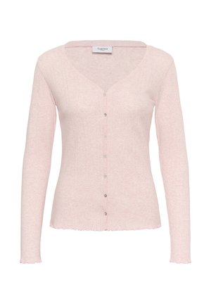 Cardigan roz pal realizat din material moale, cu decolteu în V, mâneci lungi, textură cu dungi și închidere frontală cu nasturi mici.