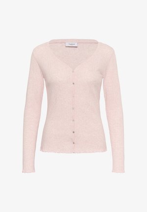 Cardigan roz pal realizat din material moale, cu decolteu în V, mâneci lungi, textură cu dungi și închidere frontală cu nasturi mici.