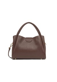 Sac à main en cuir marron avec un design structuré, doté de doubles anses et d'une bandoulière amovible, posé sur un fond blanc.