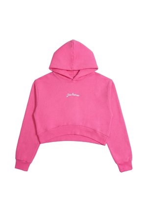 Felpa corta rosa con maniche lunghe e cappuccio, con la parola "Disclaimer" in testo bianco centrata sul petto.