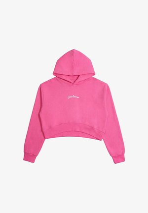 Felpa corta rosa con maniche lunghe e cappuccio, con la parola "Disclaimer" in testo bianco centrata sul petto.