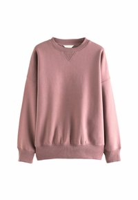 Mauve crewneck-trainingshirt met geribbelde manchetten, zoom en halslijn, met een klein driehoekig stikdetail onder de kraag.