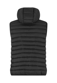 Čierna vypchávkovaná vesta s vyvýšeným golierom. Obsahuje horizontálne prešívané sekcie a hladkú textúru. Celkový dizajn je bez rukávov a kompaktnejší.