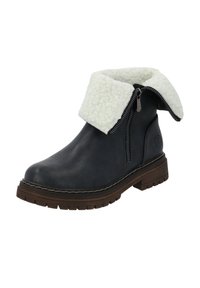 Botas de cuero negras hasta el tobillo con puño de piel sintética blanca que se pliega, cremallera lateral, suela texturada y costura en contraste de color marrón en la suela exterior.