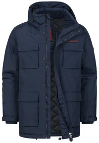Parka bleu marine avec une doublure matelassée, dotée de plusieurs poches avant, d'une fermeture éclair et d'une capuche ajustable. Matière synthétique.