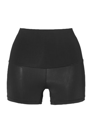 Højtsiddende sorte shorts lavet af strækbart materiale, med en glat overflade og kort snit samt et rent linningdesign.