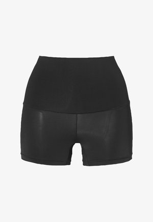 Højtsiddende sorte shorts lavet af strækbart materiale, med en glat overflade og kort snit samt et rent linningdesign.