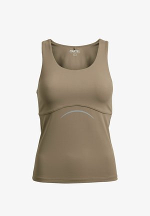 Ujjatlan olívazöld sportos trikó lekerekített nyakkivágással és finom ívelt fényvisszaverő csíkkal a has közepén.