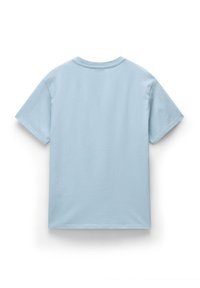 Lichtblauwe katoenen T-shirt met een ronde hals, korte mouwen en een zachte textuur. Bevat geen grafische afbeeldingen of versieringen.