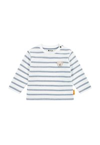 Gestreiftes Langarmshirt in Weiß und Hellblau. Verfügt über ein kleines Teddy-Bär-Applikation und einen Knopfdetail an der Schulter. Weicher Stoff.