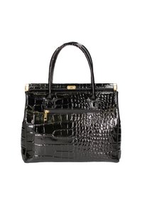 Borsa a mano in pelle verniciata nera con texture a coccodrillo, accessori in oro, due manici superiori e una tasca frontale con zip. Forma rettangolare con finitura lucida.