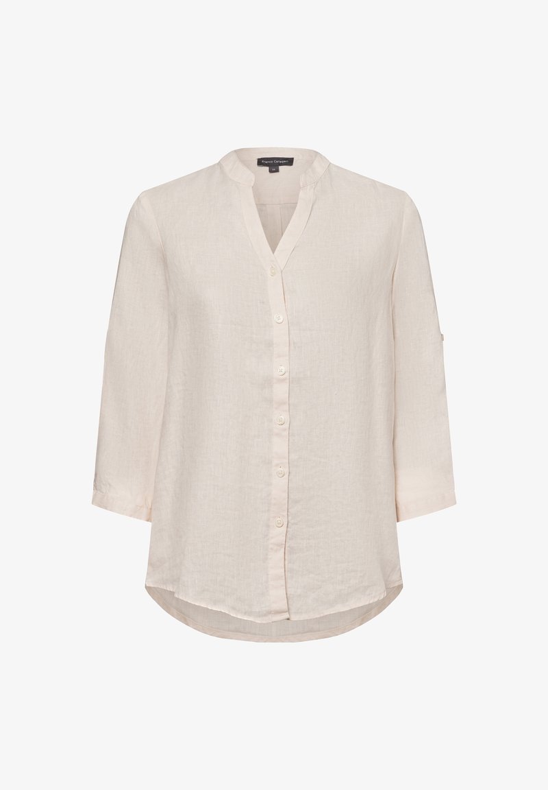 Light beige, button-up linen shirt with a V-neck, three-quarter sleeves, and a rounded hem. Textured fabric with subtle imperfections.