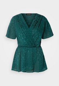 Blouse à manches courtes à motifs floraux vert sarcelle avec col en V, devant à effet portefeuille et taille froncée par Anna Field.