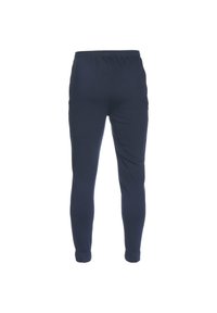 Mörkblå smalrandiga svettbyxor med elastisk midja och ankle cuffs, visade bakifrån mot en vit bakgrund.