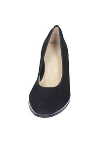 Scarpa con tacco alto nera, con una superficie in suede morbido, punta tonda e design aperto. Include una soletta imbottita per il comfort.