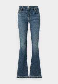 Blugi evazați din denim albastru mediu, cu talie înaltă, ușor decolorat, design cu cinci buzunare și detalii vizibile de cusătură.