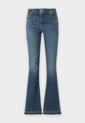 Flared jeans in medium blue denim with high waist, subtle whiskering, five-pocket design, and visible stitching details.
