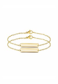 Gouden dubbele kettingarmband met twee gladde, rechthoekige platte schijven, bevestigd met een kreeftsluiting. Elegante schakels en een gepolijste afwerking.