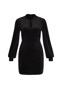 Rochie din catifea neagră cu guler înalt, mâneci lungi bufante și decolteu în formă de cheie. Prezintă un model geometric subtil și un design ajustat.
