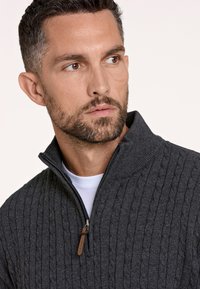 Grauer Kabelstrickpullover mit Reißverschlusskragen, der eine glatte Textur und einen Reißverschluss mit Lederakzent aufweist.