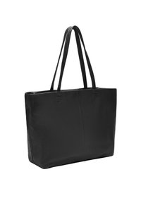 Zwarte leren tote bag met twee lange hengsels, rechthoekige vorm, gladde textuur, minimalistisch ontwerp en geen zichtbare hardware of accenten.