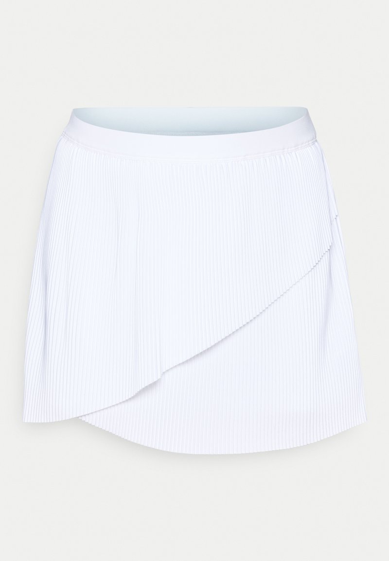 Weiße plissierte Rock mit einem geschichteten Design, ausgestattet mit einem glatten Bund und einem abgerundeten Saum, aus leichtem Stoff gefertigt.