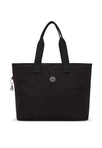Black tote bag made of textured fabric, featuring two sturdy handles, a circular logo accent, and a charm detail on the side.