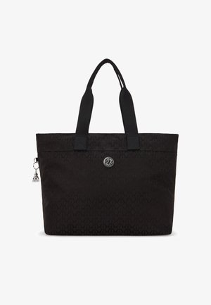 Borsa tote nera realizzata in tessuto testurizzato, dotata di due manici robusti, un accento con logo circolare e un dettaglio charm sul lato.
