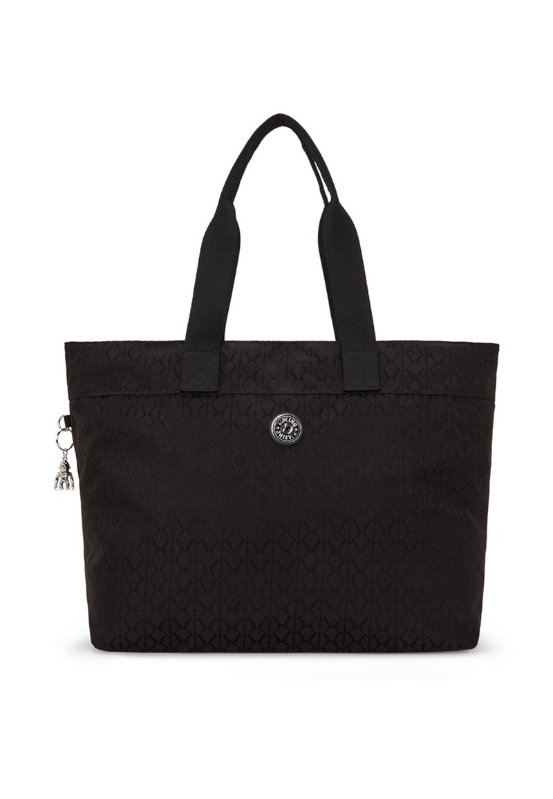 Black tote bag made of textured fabric, featuring two sturdy handles, a circular logo accent, and a charm detail on the side.