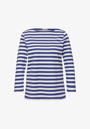 Langarmshirt met horizontale marineblauwe en witte strepen en een ronde halslijn.