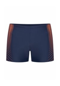 Granatowe szorty kąpielowe z falistym pomarańczowym wzorem po boku. Wykonane z elastycznego materiału z wygodnym elastycznym pasem.