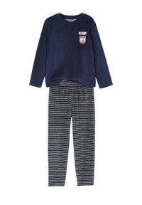 Long-sleeve navy top with mountain patches paired with gray and navy striped pants, soft fabric pajama set for children.