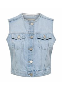 Světle modrá denimová bezrukávová bunda s vysokým límcem, zapínáním na přední knoflíky a dvěma kapsami na prsou. Obsahuje stříbrné kovové knoflíky a detaily šití.