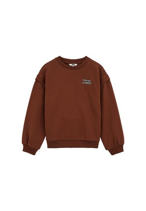 Sweatshirt marron avec col ras du cou et poignets côtelés. Présente un texte brodé vert : "Je t'aime, alors matcha !" Tissu doux et texturé.
