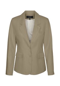 Beige kavaj med en strukturerad design, enkelknäppt framsida, två ficklock och ett randigt foder. Slät tyg med en mjuk textur.