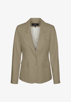 Beež bleiser struktureeritud disainiga, ühekordse eesmine, kahe tasku klapiga ja triibulise voodriga. Sile kangas pehme tekstuuriga.