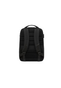 Zaino nero con un design strutturato, spallacci in rete imbottita, superficie testurizzata e chiusura con zip. Dimensioni: 39.9 x 27.9 x 14 cm.