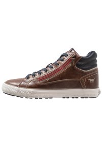 High-top brown leather sneakers with red zipper detail, navy fabric collar, gray laces, and a white rubber sole with textured grip.