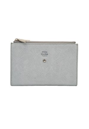 Portefeuille rectangulaire gris clair avec des motifs en spirale embossés, un petit emblème en forme d'étoile et le logo "mila louise PARIS" sur le devant, section supérieure zippée.