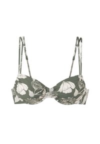 Blumiger Bikini-Oberteil in Olivgrün mit weißen Blumenmustern, ausgestattet mit verstellbaren dünnen Trägern und einem gerafften Mittelteil. Weiche Stofftextur.