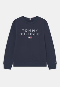 Felpa blu navy in misto cotone, con scritta e logo "TOMMY HILFIGER" bianchi sul davanti, design semplice e polsini a coste.