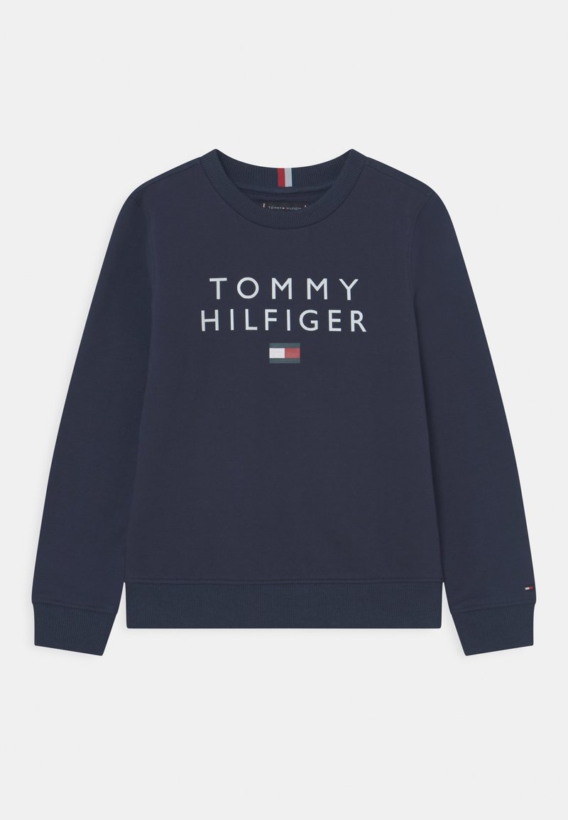 Felpa blu navy in misto cotone, con scritta e logo "TOMMY HILFIGER" bianchi sul davanti, design semplice e polsini a coste.