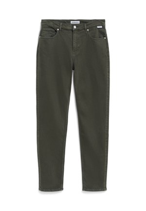 Dark green cotton jeans with a straight fit, five-pocket design, metal button closure, and subtle stitching details.
