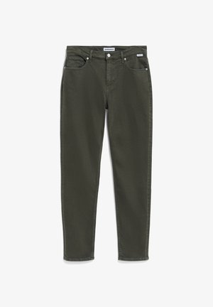 Dunkelgrüne Baumwolljeans im geraden Schnitt, Fünf-Taschen-Design, Metallknopfverschluss und subtile Nähdetails.