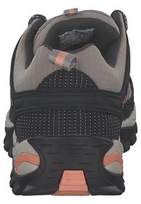 Black and gray athletic shoe with a textured mesh upper, rubber sole, and coral accents on the heel and midsole. Features supportive padding.