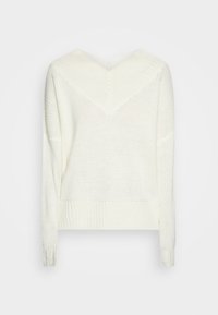 Strickpullover in Off-White mit V-Ausschnitt, gerippten Bündchen und einem strukturierten Muster auf der Rückseite. Weiches, leichtes Material.