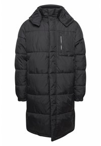 Svart puffer-jakke med høy krage, med en glidelåslomme på brystet, quiltet design, lange ermer og elastiske mansjetter.